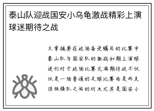 泰山队迎战国安小乌龟激战精彩上演球迷期待之战